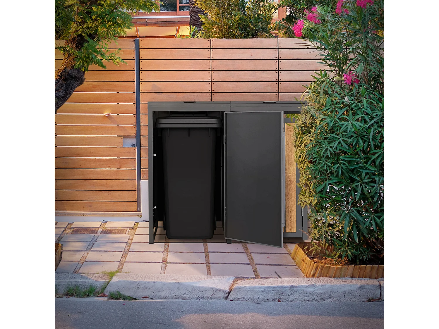 ML-Design Copribidone per spazzatura 2 bidoni 240L acciaio antracite rovere chiaro, porta e tetto a ribalta, pattumiera esterno resistente intemperie