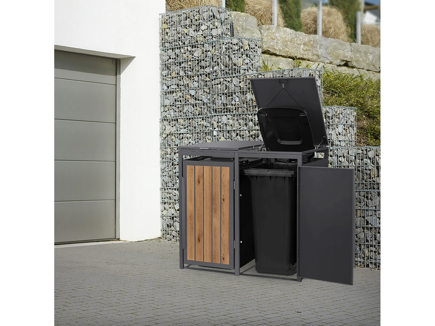 ML-Design Copribidone per spazzatura 2 bidoni 240L acciaio antracite rovere chiaro, porta e tetto a ribalta, pattumiera esterno resistente intemperie