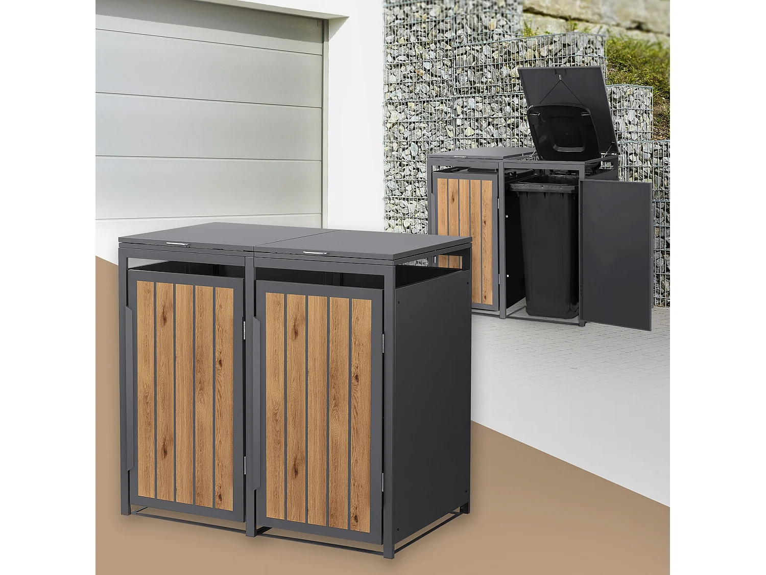 ML-Design Copribidone per spazzatura 2 bidoni 240L acciaio antracite rovere chiaro, porta e tetto a ribalta, pattumiera esterno resistente intemperie