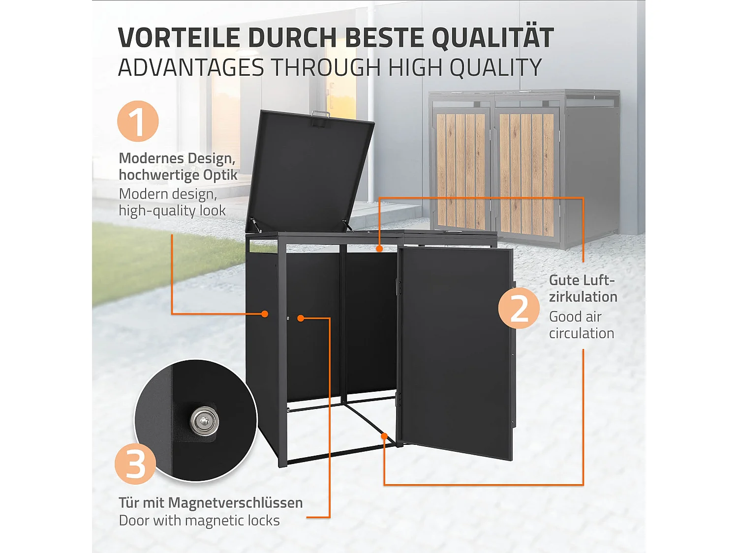 ML-Design Copribidone per spazzatura 2 bidoni 240L acciaio antracite rovere chiaro, porta e tetto a ribalta, pattumiera esterno resistente intemperie