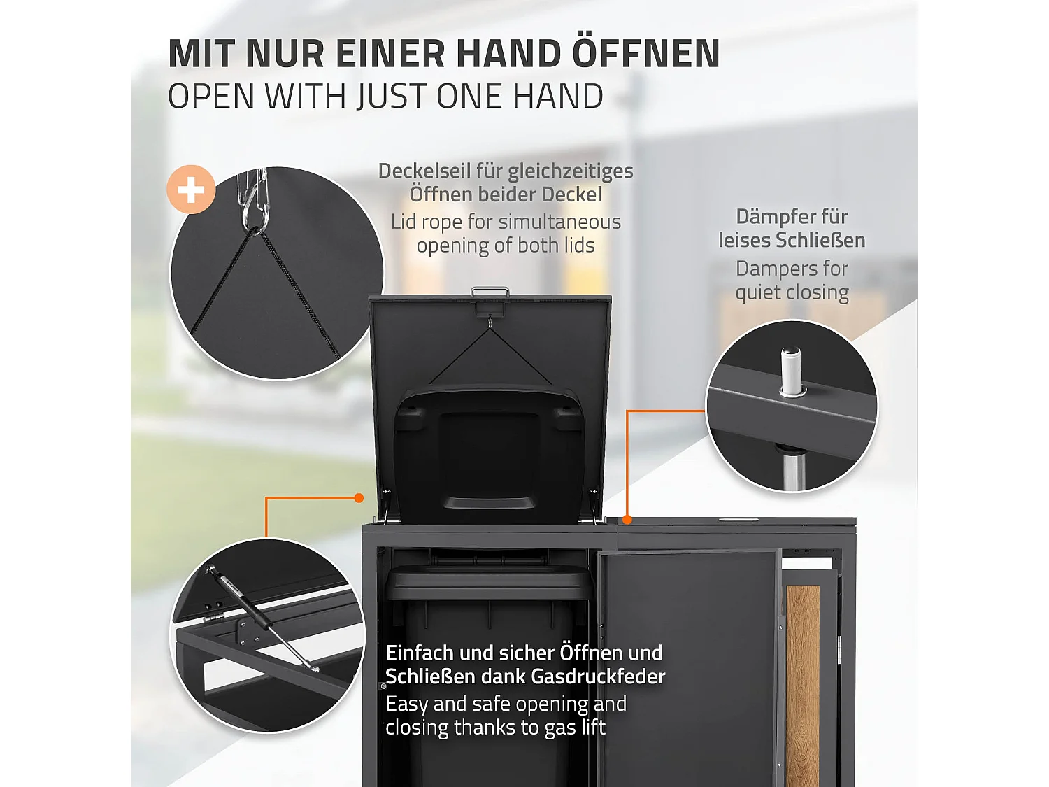 ML-Design Copribidone per spazzatura 2 bidoni 240L acciaio antracite rovere chiaro, porta e tetto a ribalta, pattumiera esterno resistente intemperie