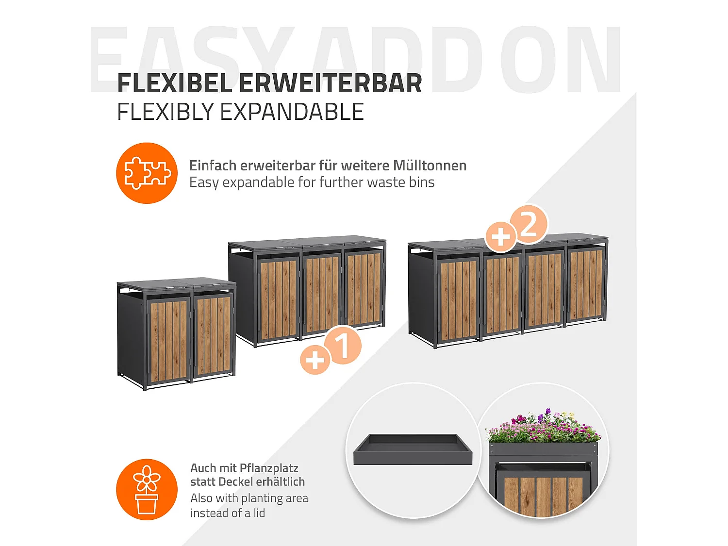 ML-Design Copribidone per spazzatura 2 bidoni 240L acciaio antracite rovere chiaro, porta e tetto a ribalta, pattumiera esterno resistente intemperie