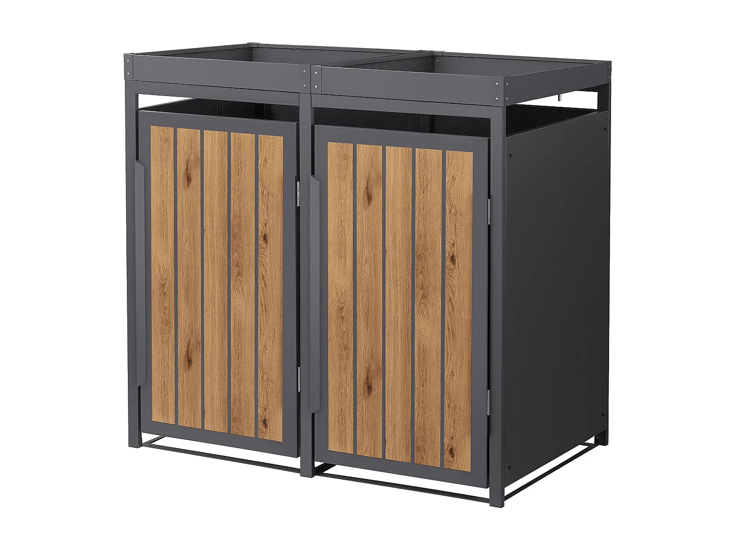 ML-Design Copribidone spazzatura 2 bidoni 240L in acciaio antracite effetto legno con porta e tetto a fioriera, pattumiera da esterno, deposito bidoni