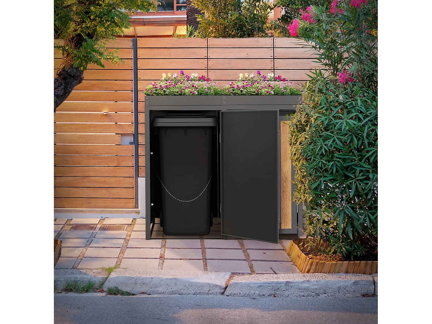 ML-Design Copribidone spazzatura 2 bidoni 240L in acciaio antracite effetto legno con porta e tetto a fioriera, pattumiera da esterno, deposito bidoni