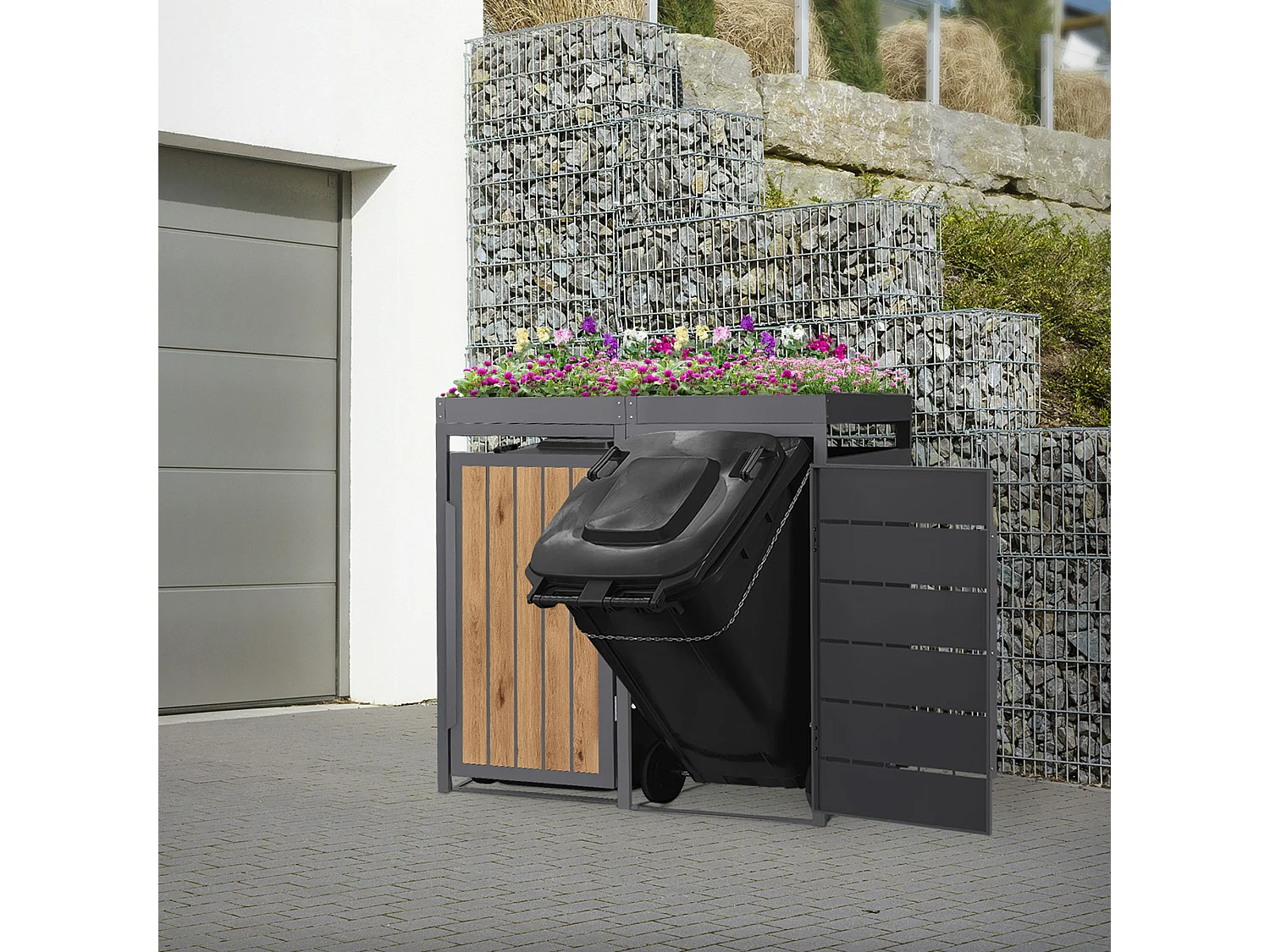 ML-Design Copribidone spazzatura 2 bidoni 240L in acciaio antracite effetto legno con porta e tetto a fioriera, pattumiera da esterno, deposito bidoni