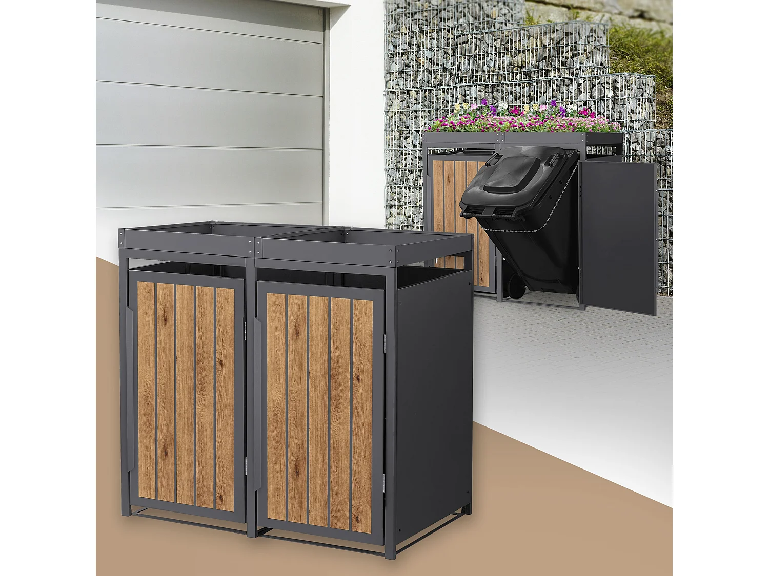 ML-Design Copribidone spazzatura 2 bidoni 240L in acciaio antracite effetto legno con porta e tetto a fioriera, pattumiera da esterno, deposito bidoni