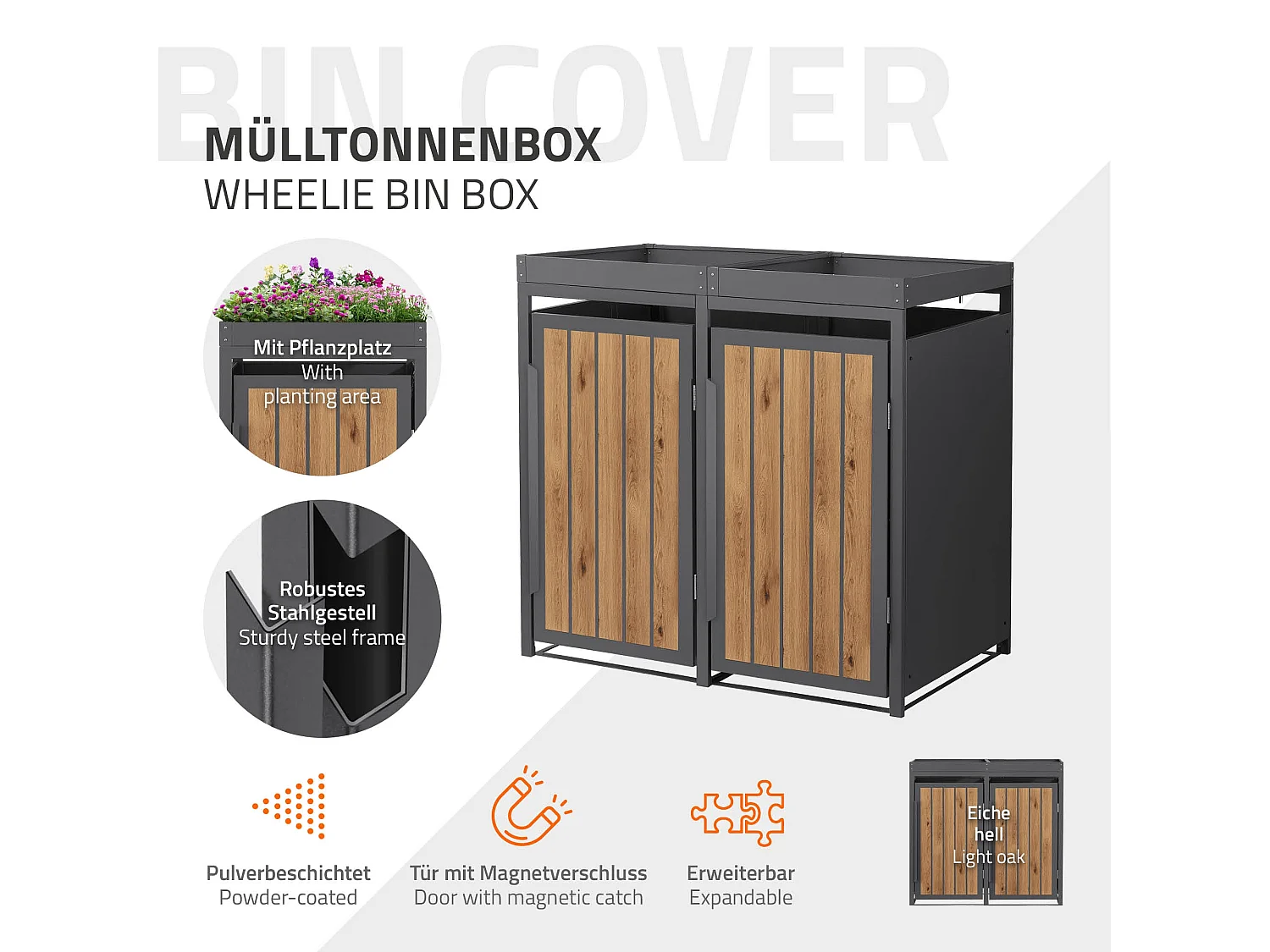 ML-Design Copribidone spazzatura 2 bidoni 240L in acciaio antracite effetto legno con porta e tetto a fioriera, pattumiera da esterno, deposito bidoni