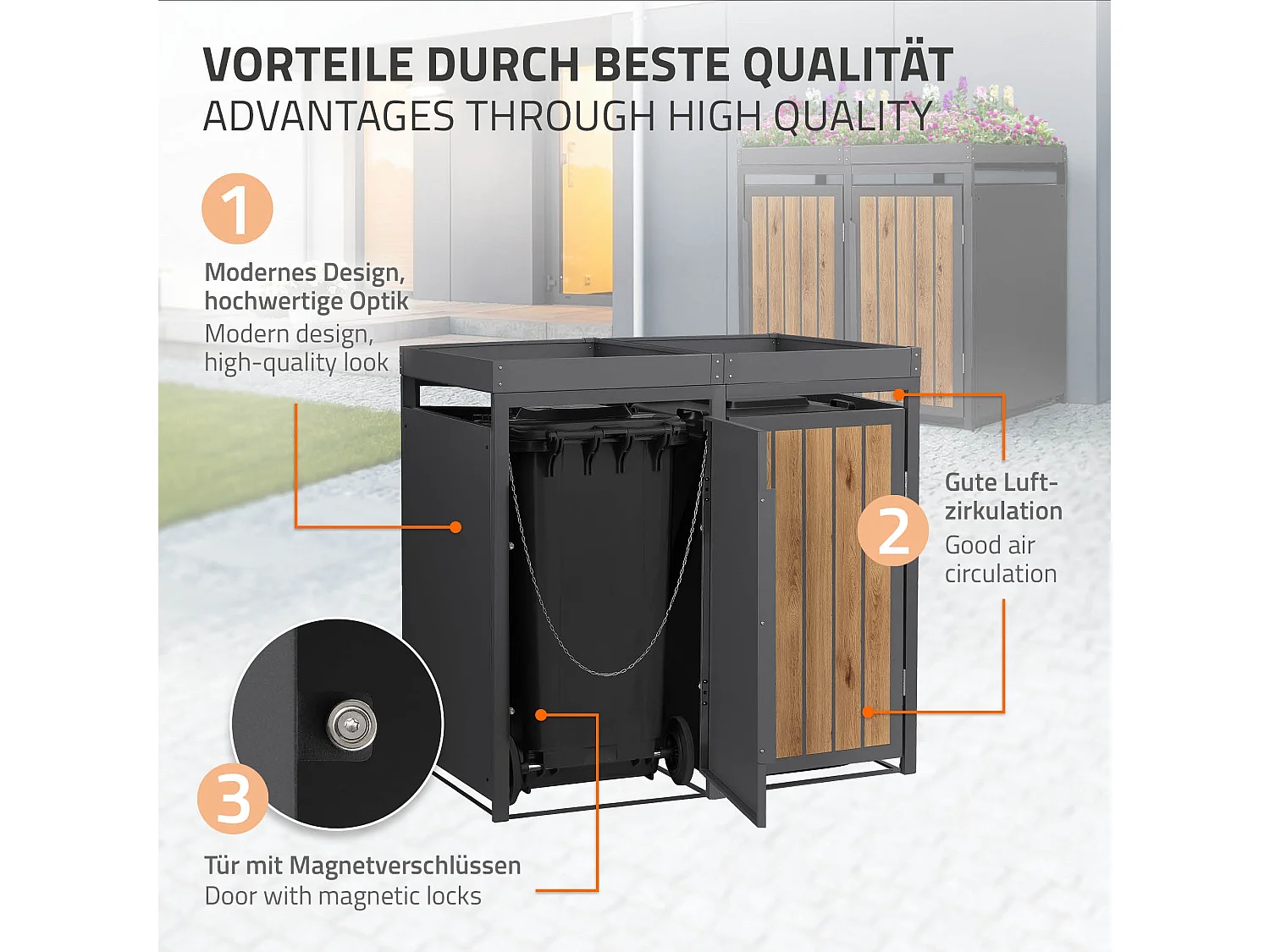 ML-Design Copribidone spazzatura 2 bidoni 240L in acciaio antracite effetto legno con porta e tetto a fioriera, pattumiera da esterno, deposito bidoni