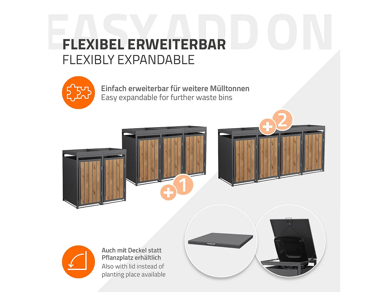 ML-Design Copribidone spazzatura 2 bidoni 240L in acciaio antracite effetto legno con porta e tetto a fioriera, pattumiera da esterno, deposito bidoni