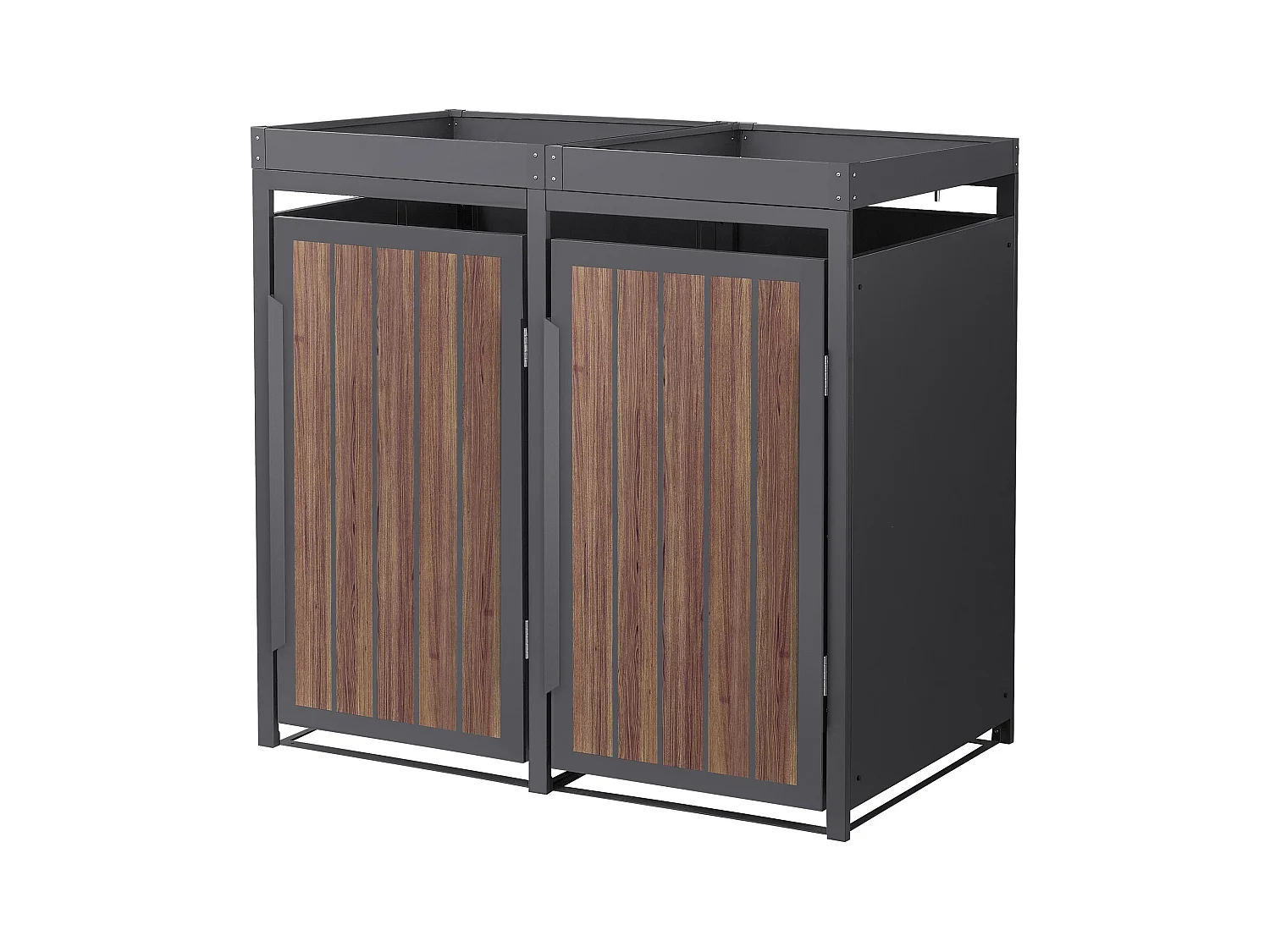 Abri pour 2 poubelles 132x80x124cm capacité 240L en acier aspect bois foncé toit pour plantes et fleurs protection visuelle résistant aux intempéries