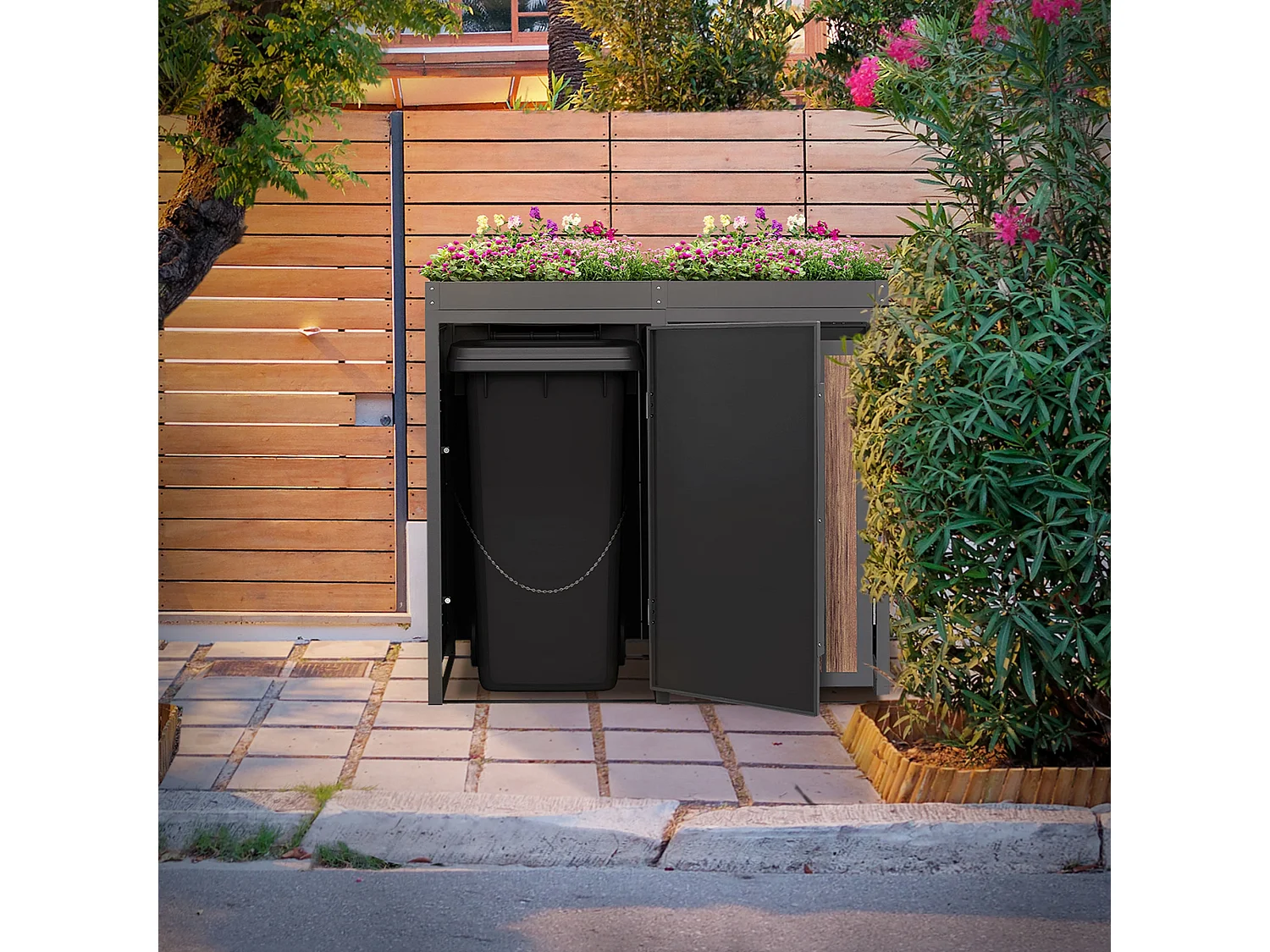 ML-Design Copribidone per spazzatura 2 bidoni 240L acciaio antracite rovere scuro, porta e tetto a fioriera, pattumiera esterno resistente intemperie