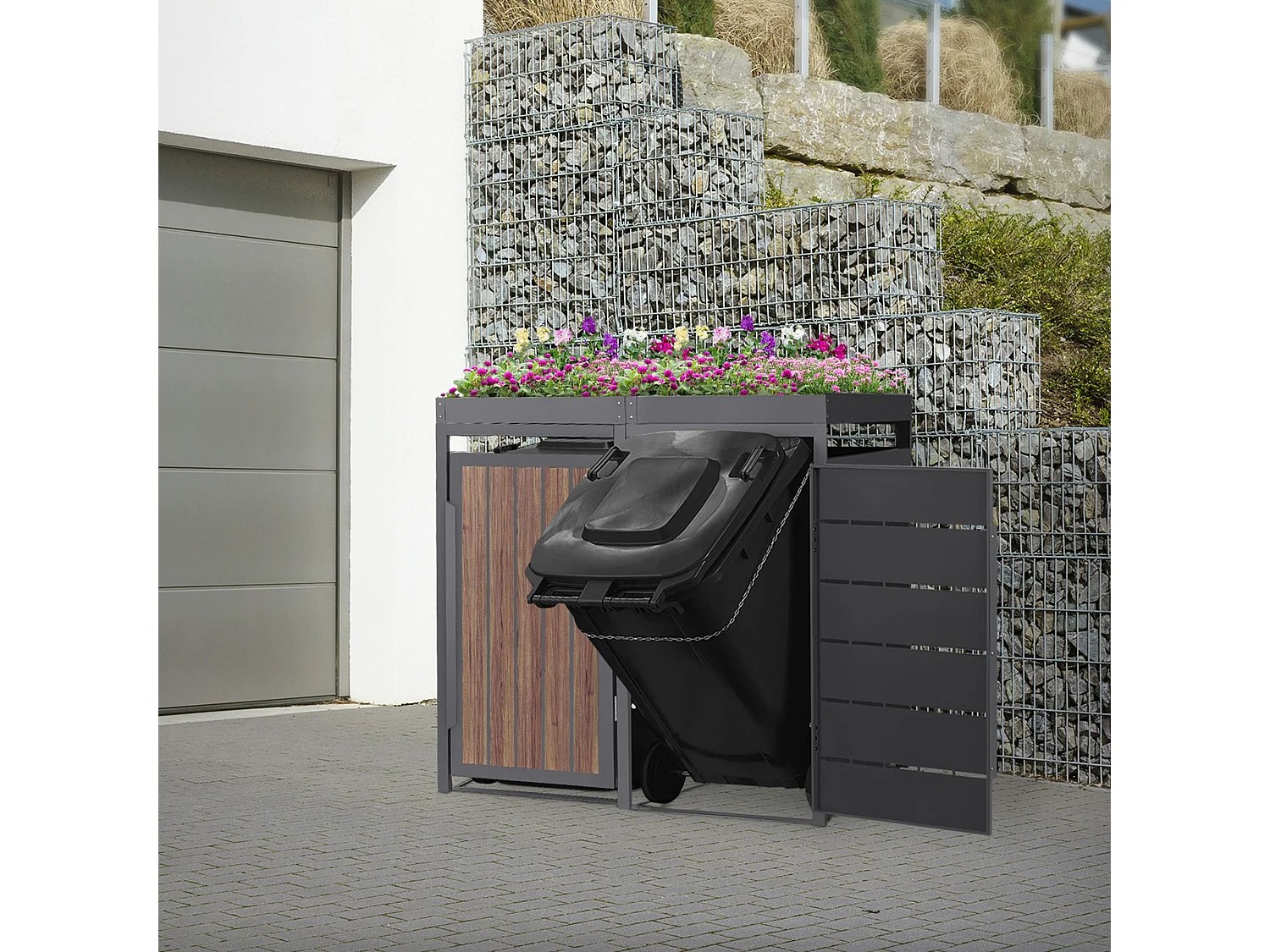 ML-Design Copribidone per spazzatura 2 bidoni 240L acciaio antracite rovere scuro, porta e tetto a fioriera, pattumiera esterno resistente intemperie