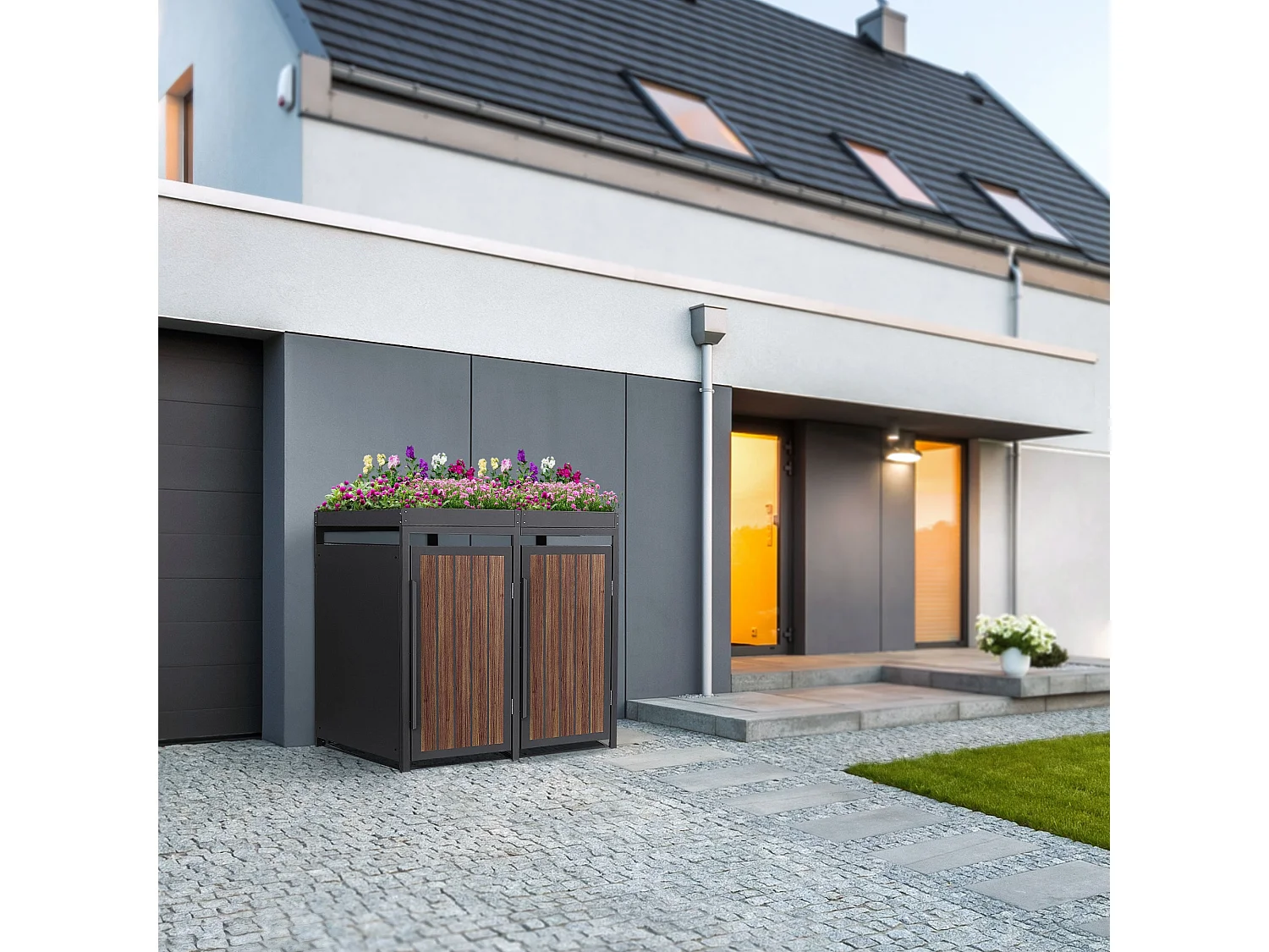 ML-Design Copribidone per spazzatura 2 bidoni 240L acciaio antracite rovere scuro, porta e tetto a fioriera, pattumiera esterno resistente intemperie