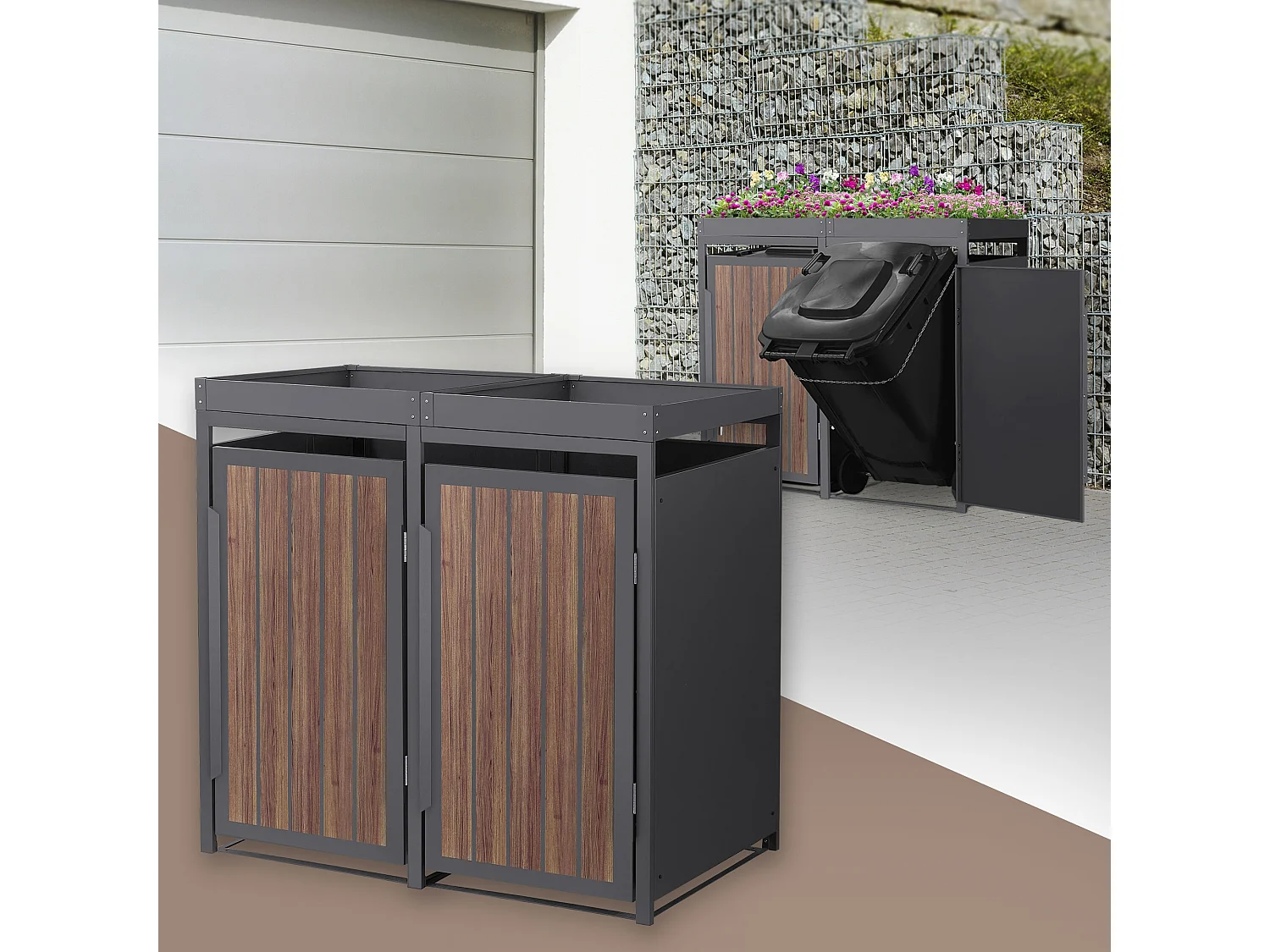 ML-Design Copribidone per spazzatura 2 bidoni 240L acciaio antracite rovere scuro, porta e tetto a fioriera, pattumiera esterno resistente intemperie