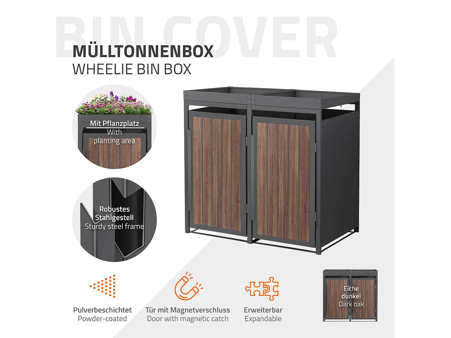 ML-Design Copribidone per spazzatura 2 bidoni 240L acciaio antracite rovere scuro, porta e tetto a fioriera, pattumiera esterno resistente intemperie