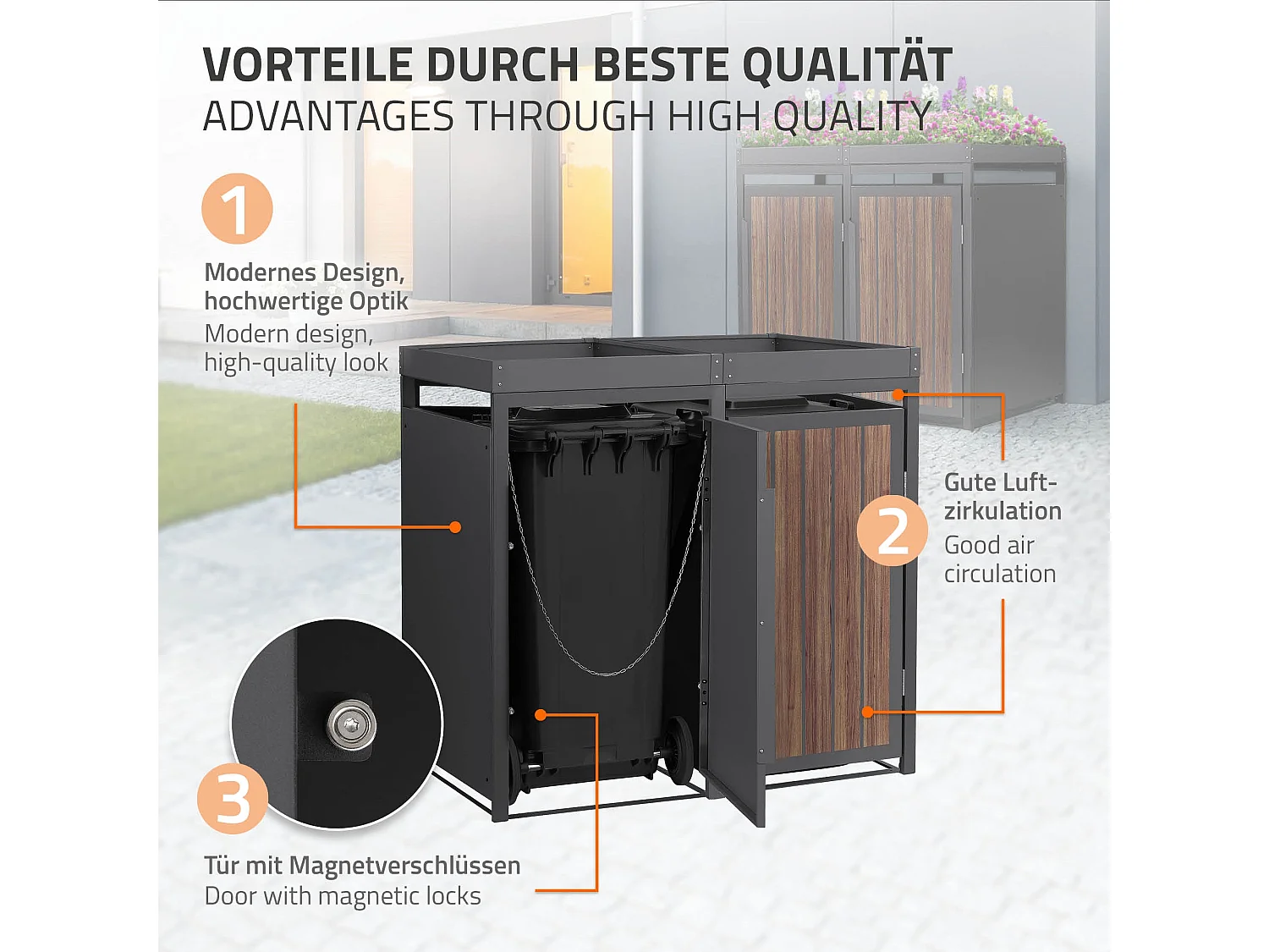 ML-Design Copribidone per spazzatura 2 bidoni 240L acciaio antracite rovere scuro, porta e tetto a fioriera, pattumiera esterno resistente intemperie