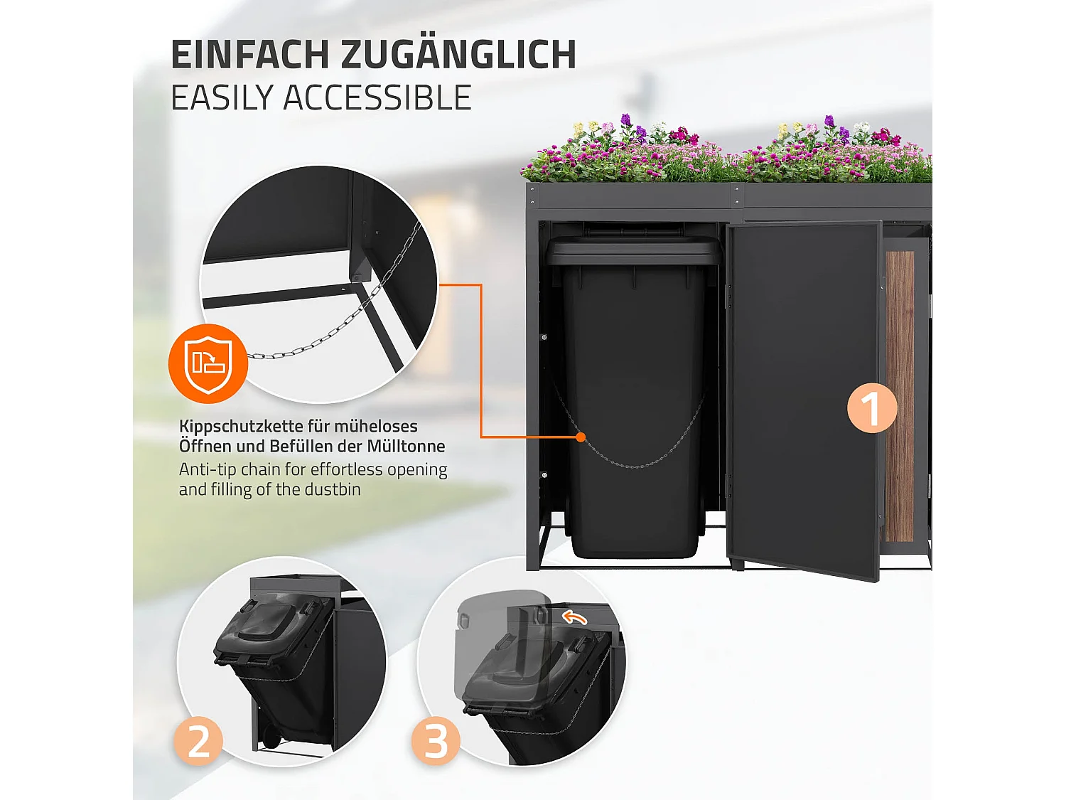 ML-Design Copribidone per spazzatura 2 bidoni 240L acciaio antracite rovere scuro, porta e tetto a fioriera, pattumiera esterno resistente intemperie