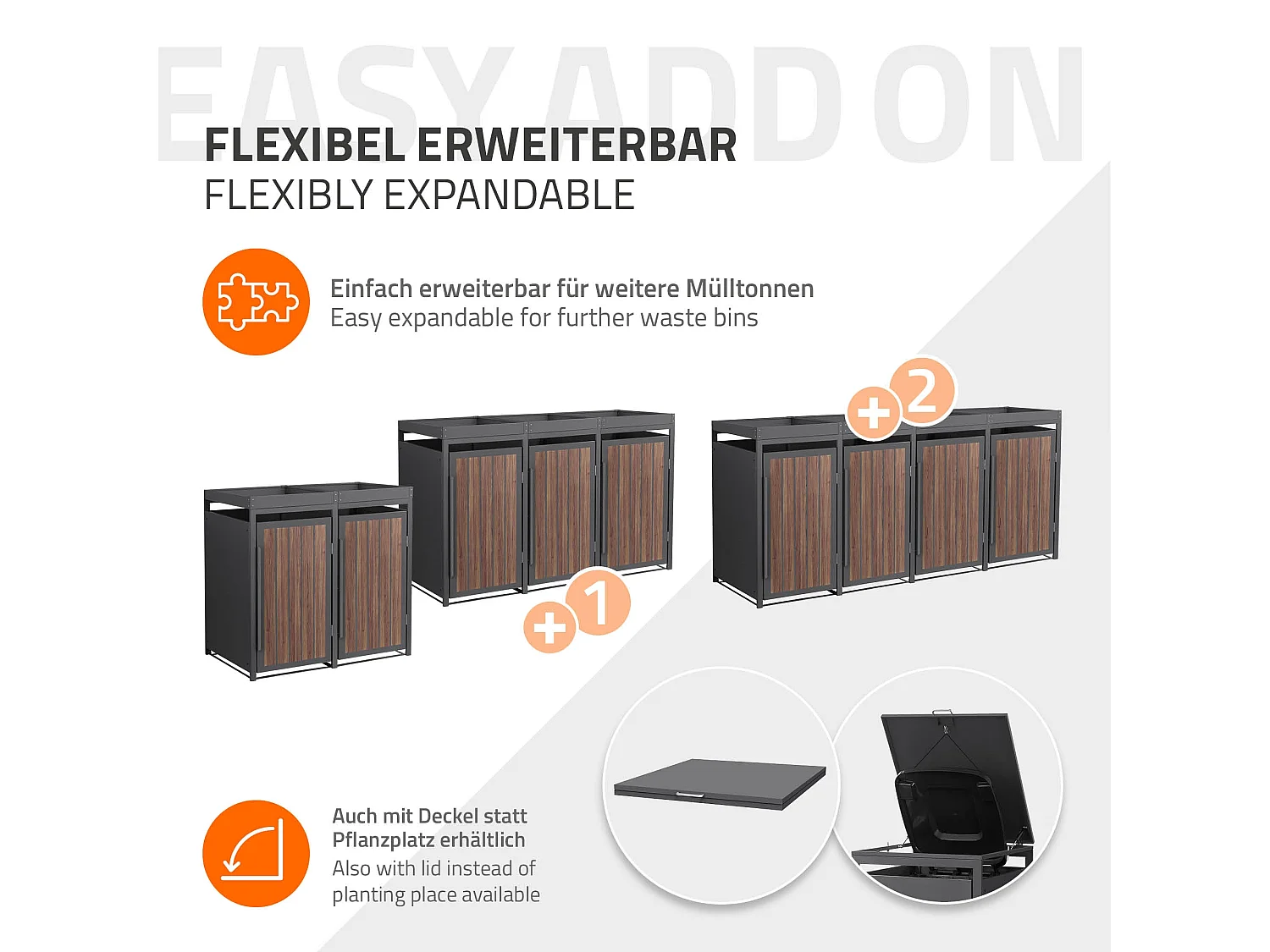 ML-Design Copribidone per spazzatura 2 bidoni 240L acciaio antracite rovere scuro, porta e tetto a fioriera, pattumiera esterno resistente intemperie