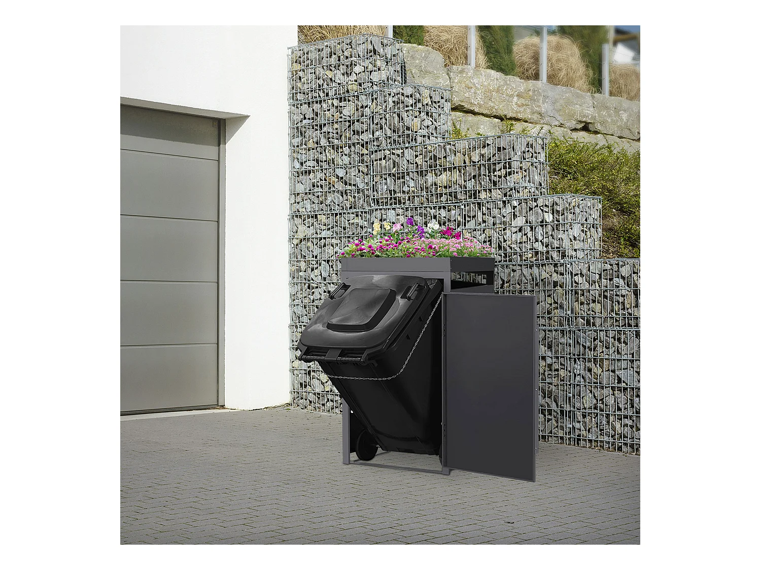 Abri pour 1 poubelle 68x80x124cm capacité 240L en acier aspect bois foncé toit pour plantes et fleurs protection visuelle résistant aux intempéries