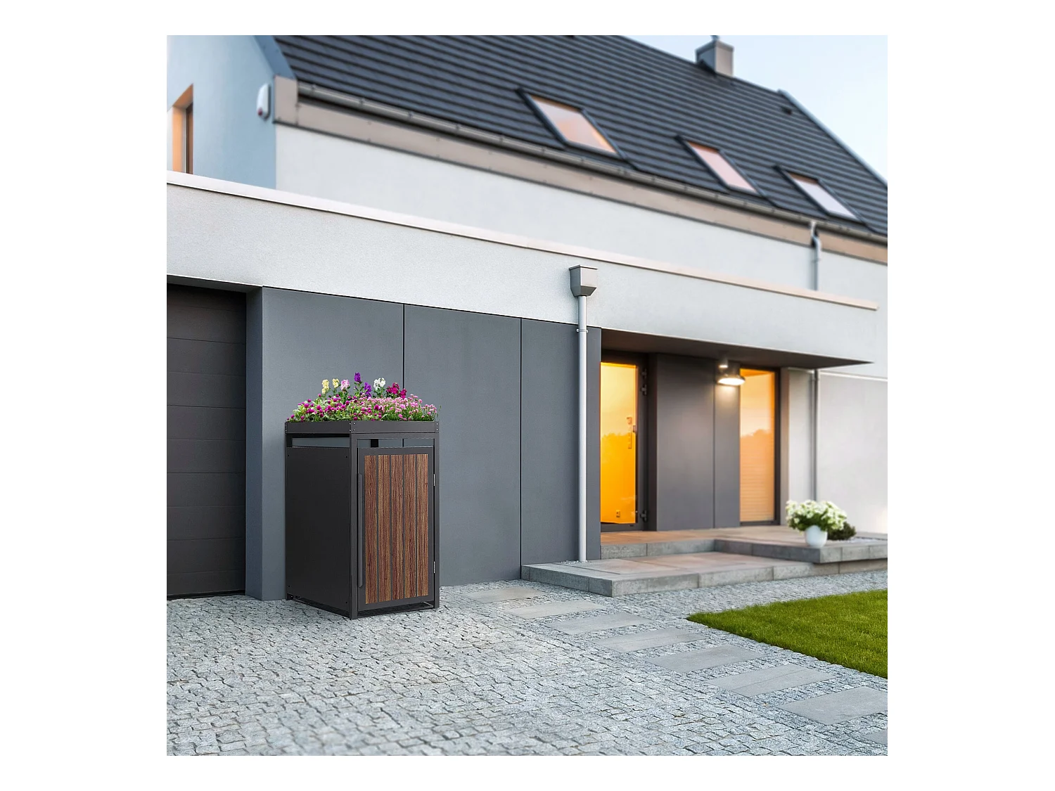 Abri pour 1 poubelle 68x80x124cm capacité 240L en acier aspect bois foncé toit pour plantes et fleurs protection visuelle résistant aux intempéries