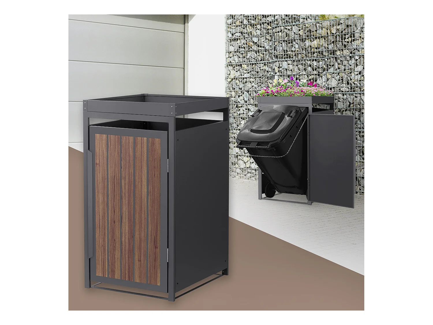 Abri pour 1 poubelle 68x80x124cm capacité 240L en acier aspect bois foncé toit pour plantes et fleurs protection visuelle résistant aux intempéries