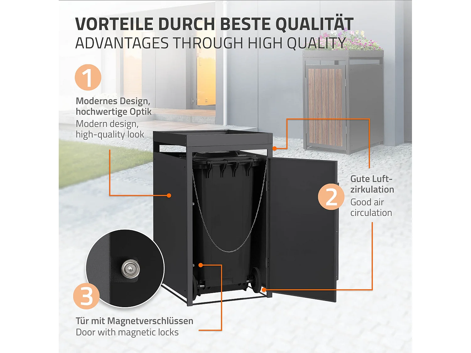 Abri pour 1 poubelle 68x80x124cm capacité 240L en acier aspect bois foncé toit pour plantes et fleurs protection visuelle résistant aux intempéries