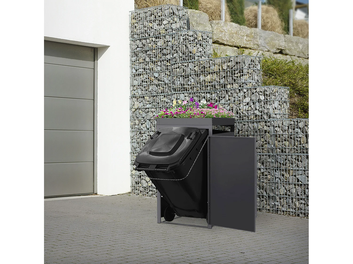 Abri pour 1 poubelle 68x80x124cm capacité 240L en acier aspect bois foncé toit pour plantes et fleurs protection visuelle résistant aux intempéries