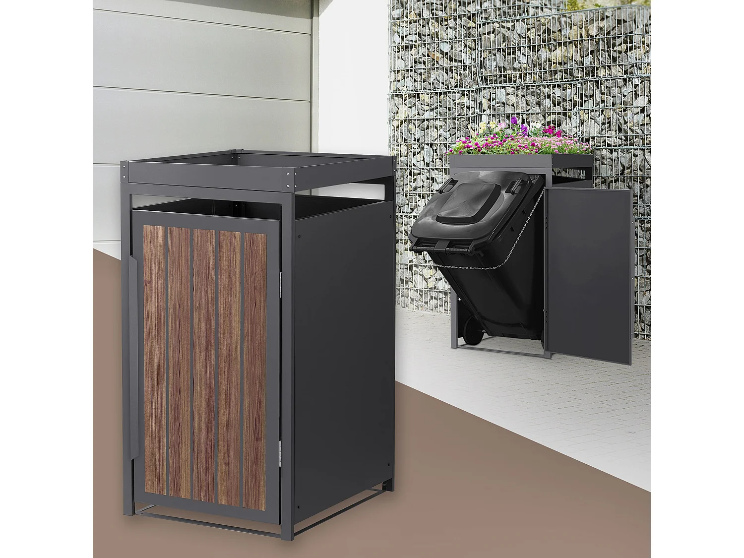 Abri pour 1 poubelle 68x80x124cm capacité 240L en acier aspect bois foncé toit pour plantes et fleurs protection visuelle résistant aux intempéries