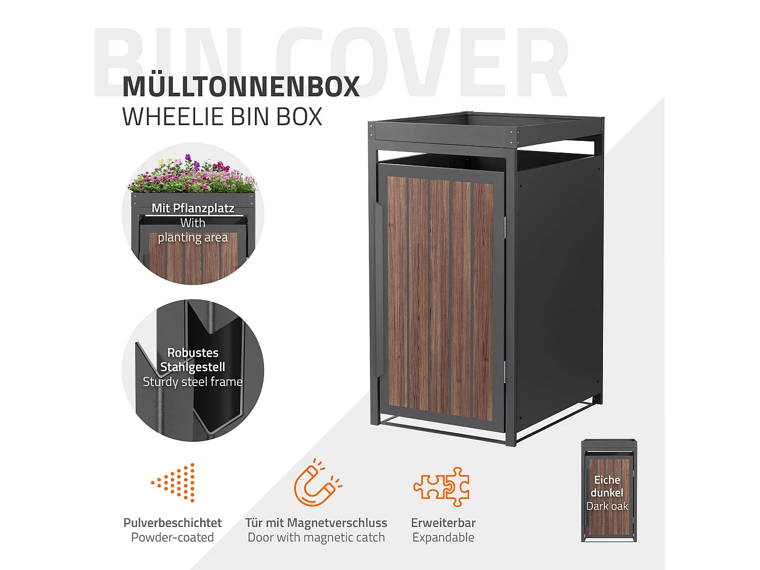 Abri pour 1 poubelle 68x80x124cm capacité 240L en acier aspect bois foncé toit pour plantes et fleurs protection visuelle résistant aux intempéries
