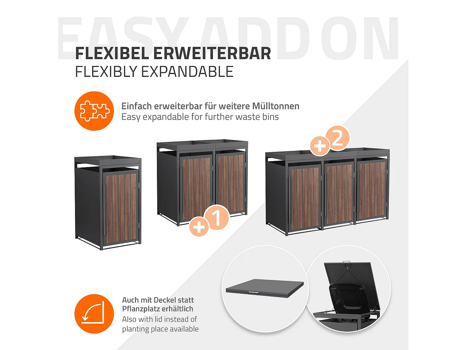 Abri pour 1 poubelle 68x80x124cm capacité 240L en acier aspect bois foncé toit pour plantes et fleurs protection visuelle résistant aux intempéries