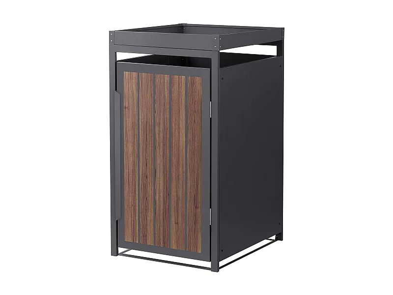 Abri pour 1 poubelle 68x80x124cm capacité 240L en acier aspect bois foncé toit pour plantes et fleurs protection visuelle résistant aux intempéries