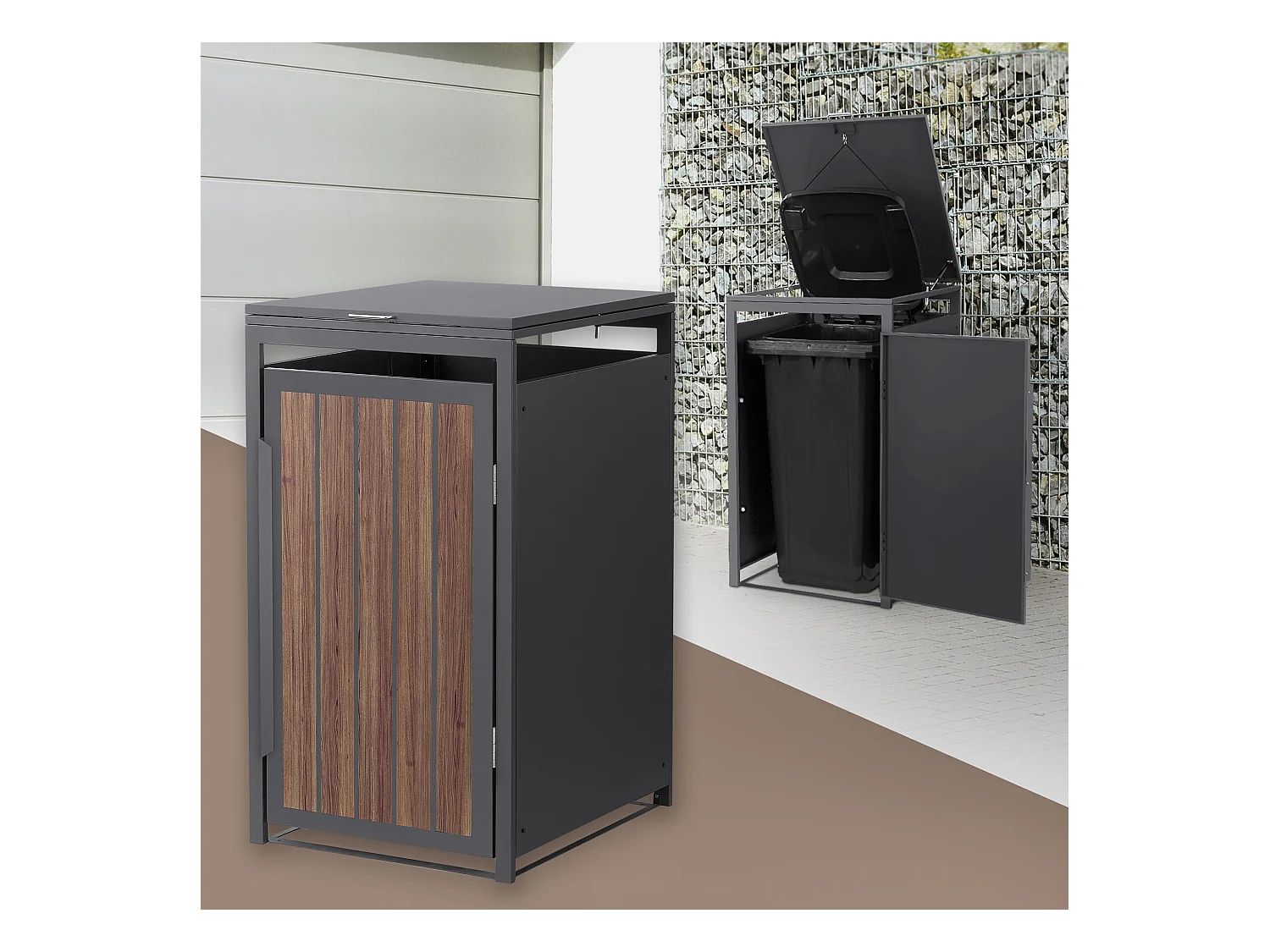 Abri pour 1 poubelle 68x80x120cm 240L anthracite acier aspect bois foncé couvercle rabattable et porte habillage conteneur résistant aux intempéries