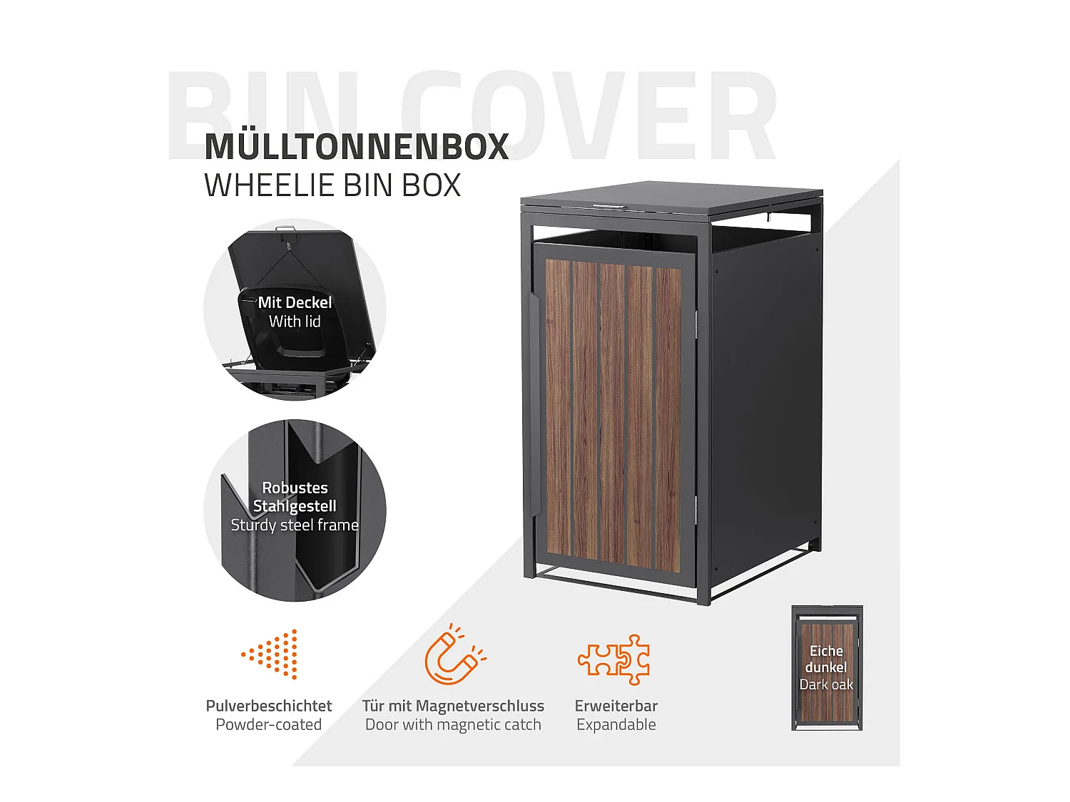 Abri pour 1 poubelle 68x80x120cm 240L anthracite acier aspect bois foncé couvercle rabattable et porte habillage conteneur résistant aux intempéries