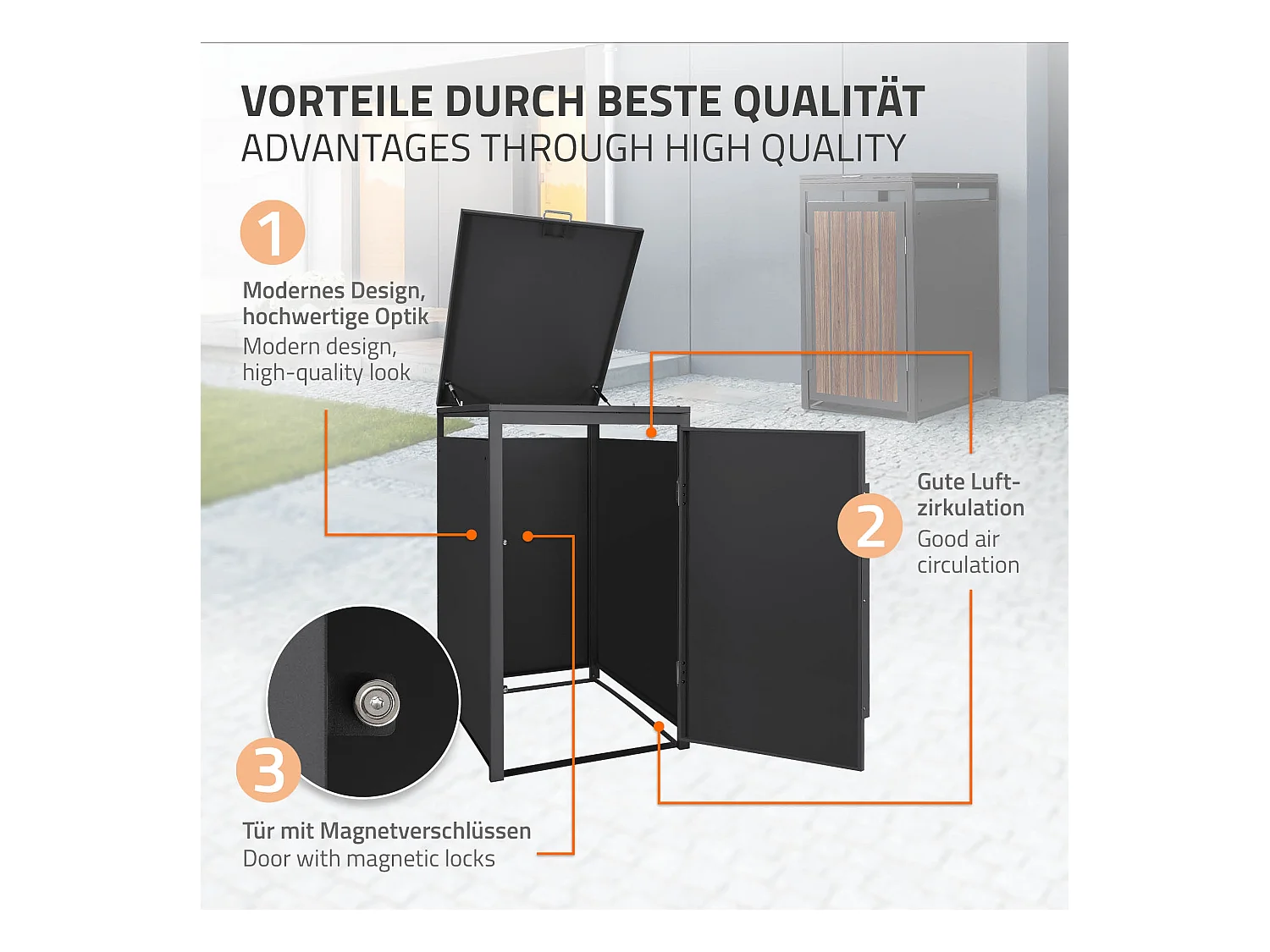 Abri pour 1 poubelle 68x80x120cm 240L anthracite acier aspect bois foncé couvercle rabattable et porte habillage conteneur résistant aux intempéries