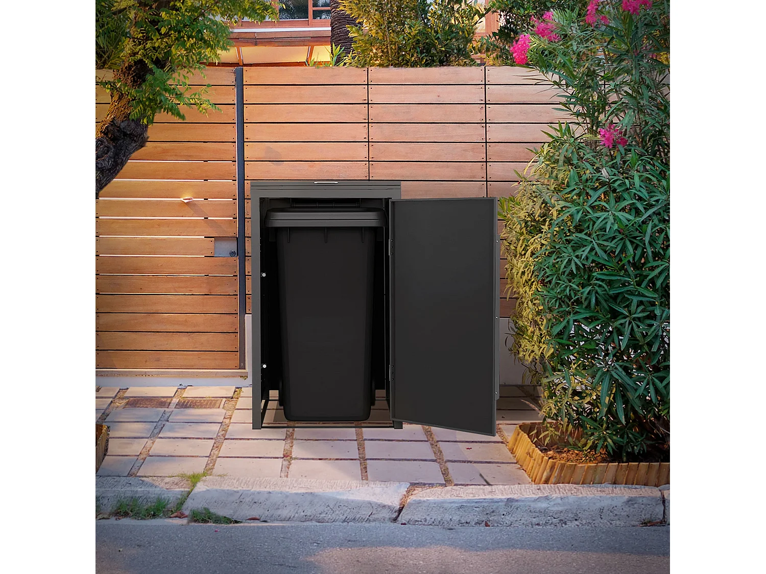 Abri pour 1 poubelle 68x80x120cm 240L anthracite acier aspect bois foncé couvercle rabattable et porte habillage conteneur résistant aux intempéries