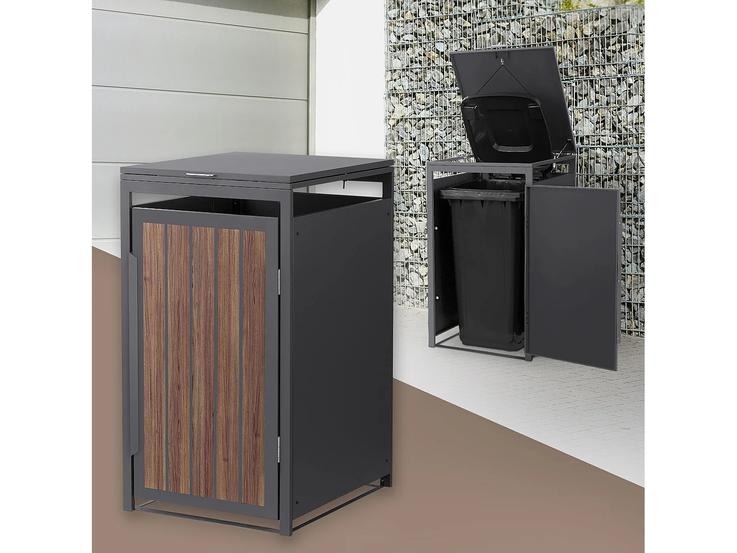 Abri pour 1 poubelle 68x80x120cm 240L anthracite acier aspect bois foncé couvercle rabattable et porte habillage conteneur résistant aux intempéries