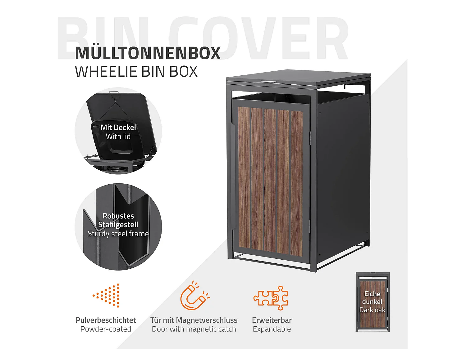 Abri pour 1 poubelle 68x80x120cm 240L anthracite acier aspect bois foncé couvercle rabattable et porte habillage conteneur résistant aux intempéries