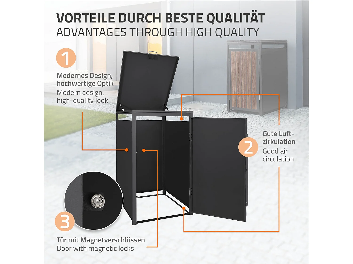 Abri pour 1 poubelle 68x80x120cm 240L anthracite acier aspect bois foncé couvercle rabattable et porte habillage conteneur résistant aux intempéries