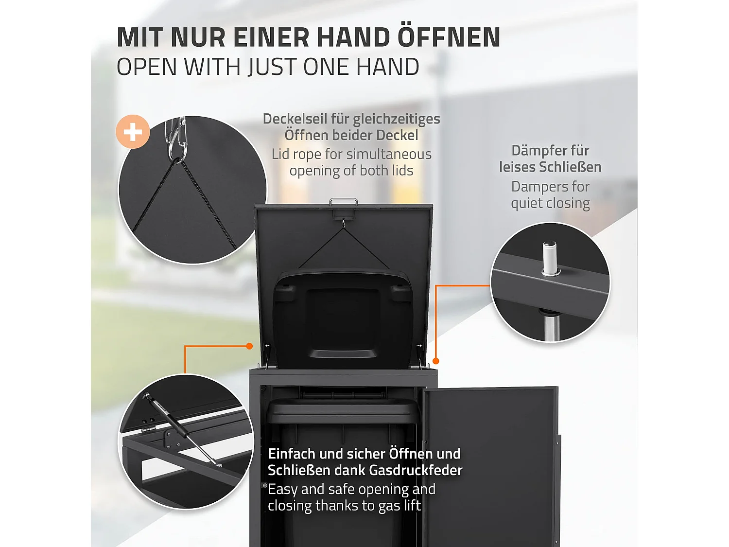 Abri pour 1 poubelle 68x80x120cm 240L anthracite acier aspect bois foncé couvercle rabattable et porte habillage conteneur résistant aux intempéries