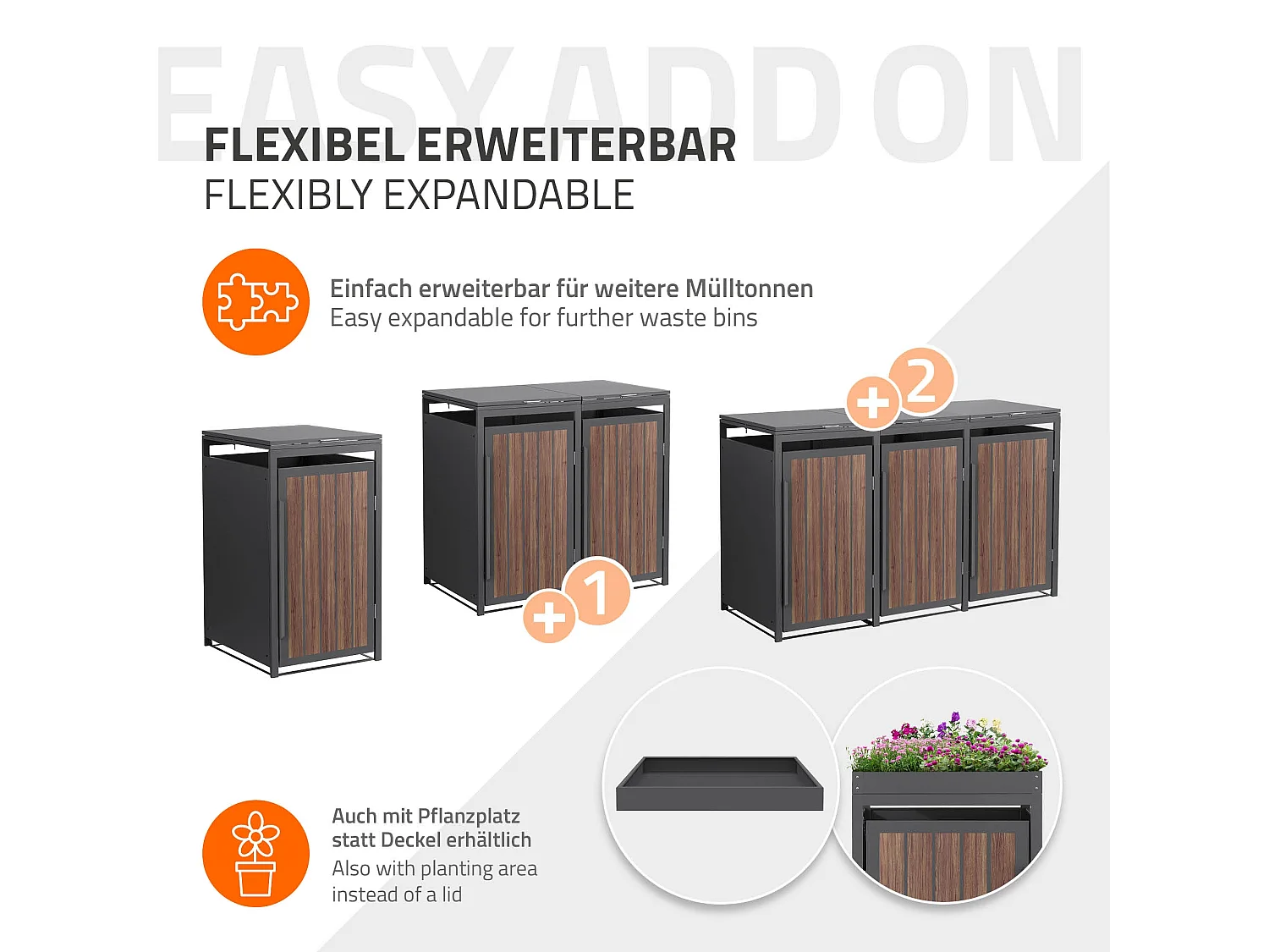 Abri pour 1 poubelle 68x80x120cm 240L anthracite acier aspect bois foncé couvercle rabattable et porte habillage conteneur résistant aux intempéries