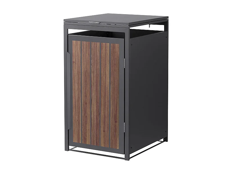 Abri pour 1 poubelle 68x80x120cm 240L anthracite acier aspect bois foncé couvercle rabattable et porte habillage conteneur résistant aux intempéries
