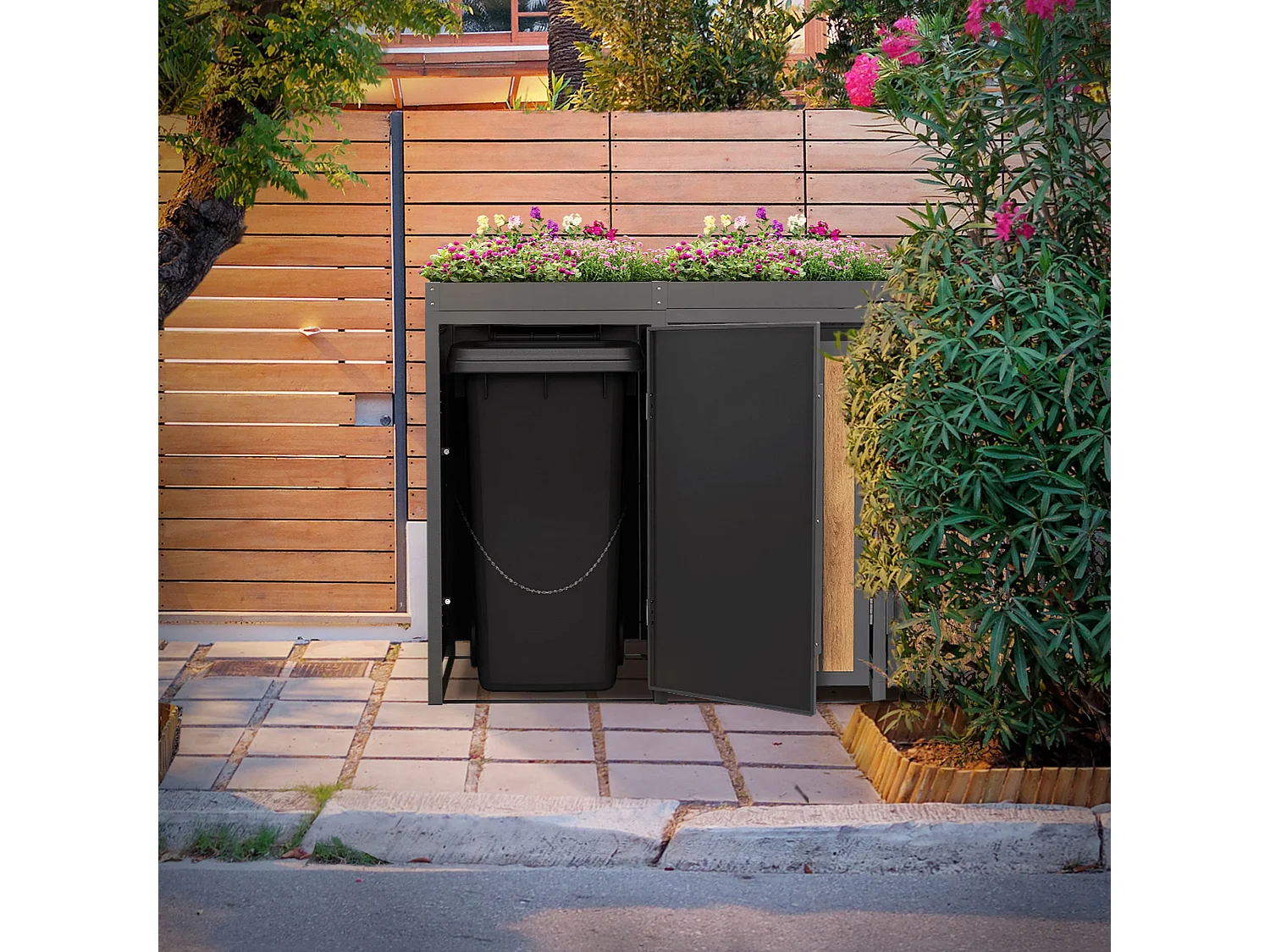 ML-Design Copribidone spazzatura 4 bidoni 240L in acciaio antracite effetto legno con porta e tetto a fioriera, pattumiera da esterno, deposito bidoni