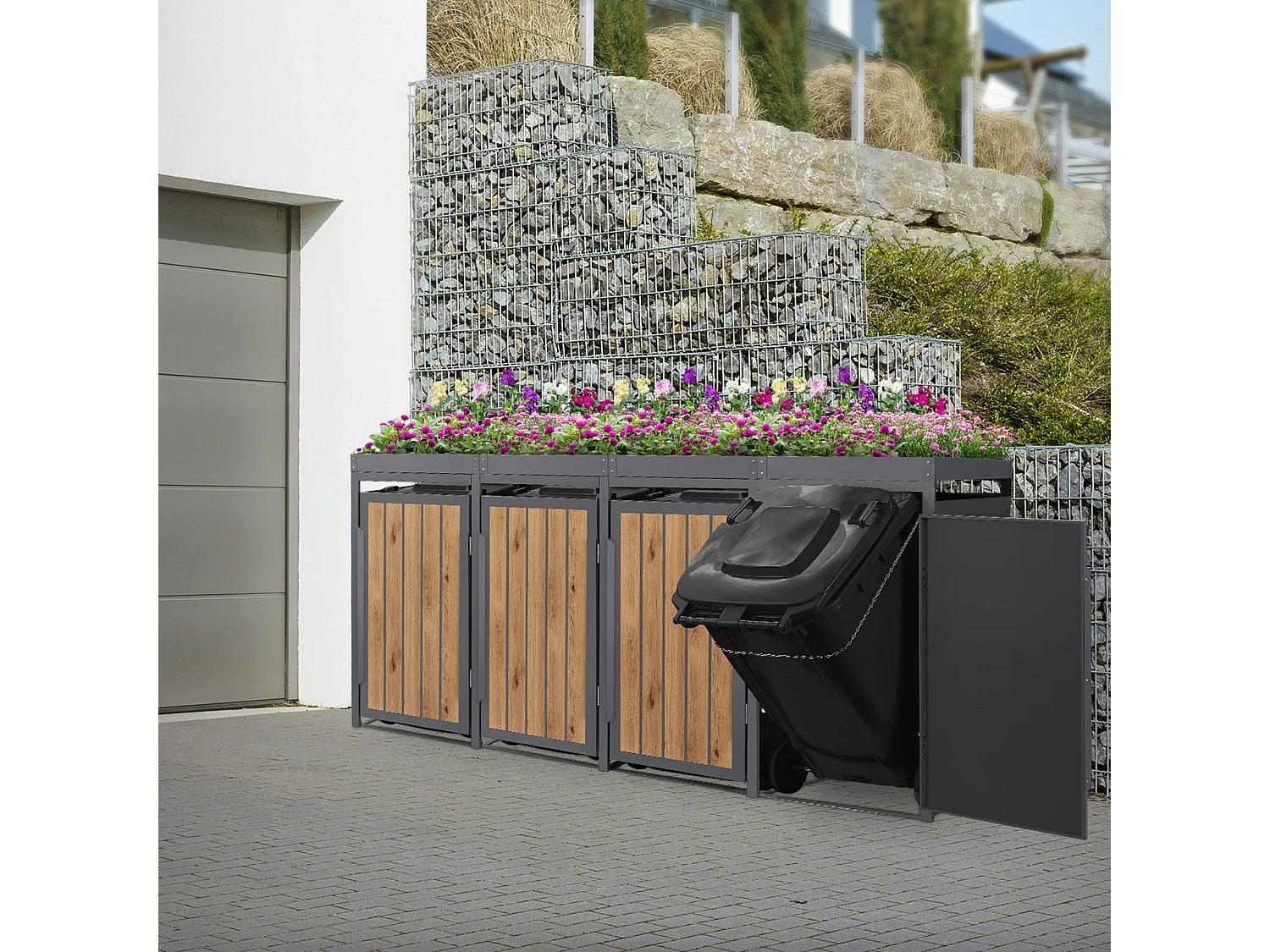 ML-Design Copribidone spazzatura 4 bidoni 240L in acciaio antracite effetto legno con porta e tetto a fioriera, pattumiera da esterno, deposito bidoni