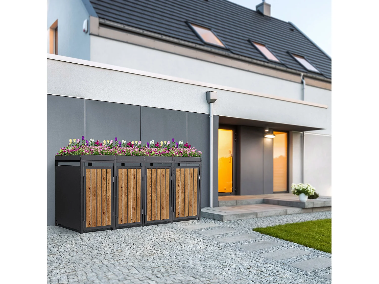 ML-Design Copribidone spazzatura 4 bidoni 240L in acciaio antracite effetto legno con porta e tetto a fioriera, pattumiera da esterno, deposito bidoni