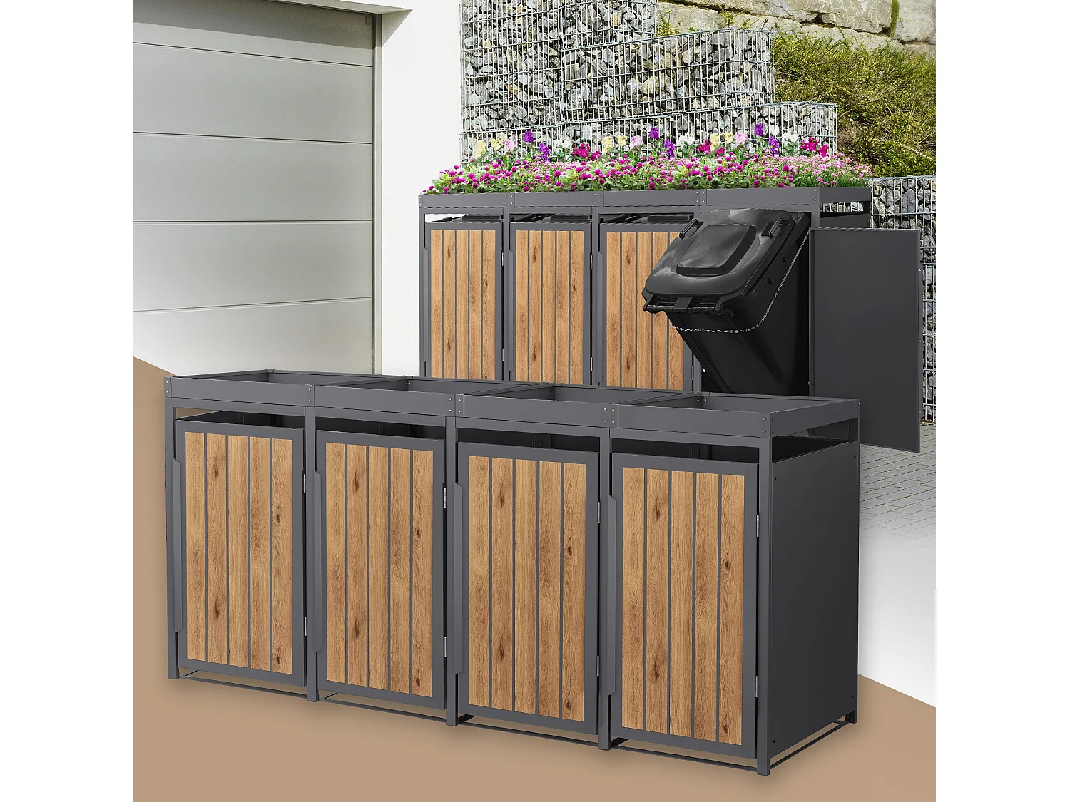 ML-Design Copribidone spazzatura 4 bidoni 240L in acciaio antracite effetto legno con porta e tetto a fioriera, pattumiera da esterno, deposito bidoni