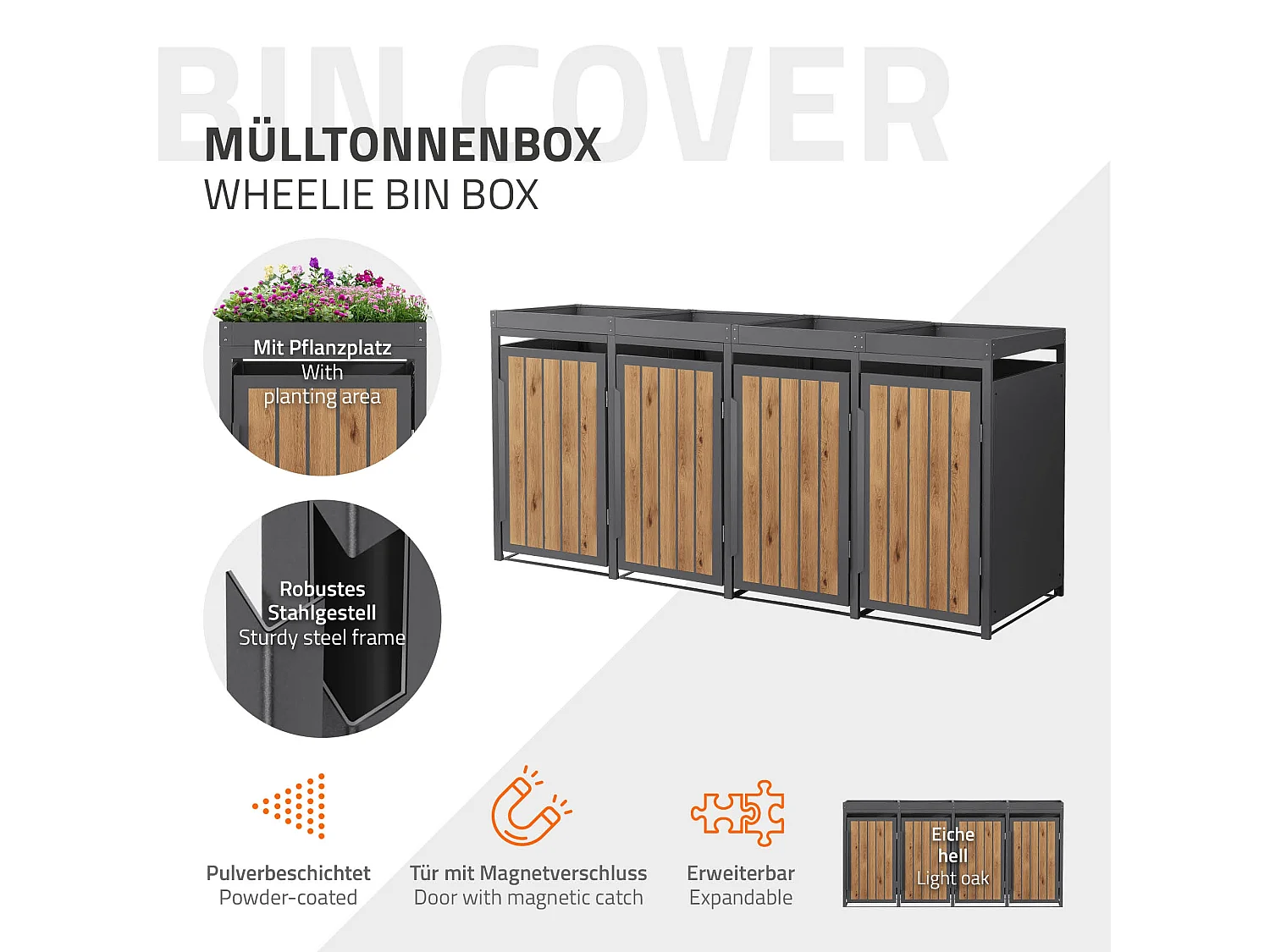 ML-Design Copribidone spazzatura 4 bidoni 240L in acciaio antracite effetto legno con porta e tetto a fioriera, pattumiera da esterno, deposito bidoni