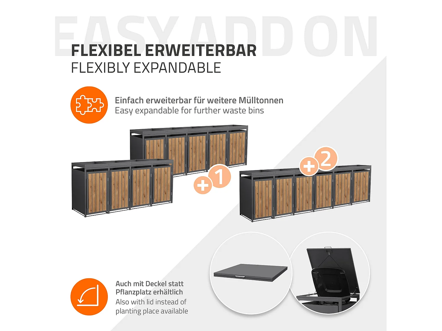 ML-Design Copribidone spazzatura 4 bidoni 240L in acciaio antracite effetto legno con porta e tetto a fioriera, pattumiera da esterno, deposito bidoni