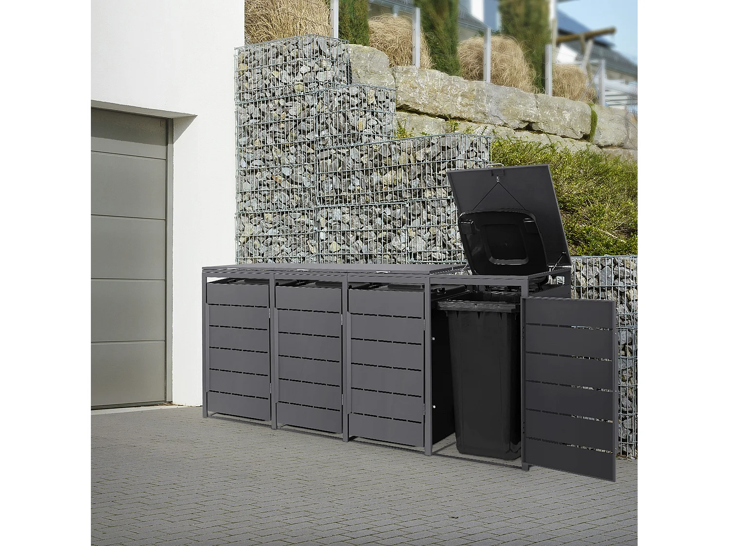 ML-Design Copribidone da spazzatura per 4 bidoni 240L 260x80x120 cm antracite cassonetto per rifiuti con coperchio deposito per bidoni da esterno