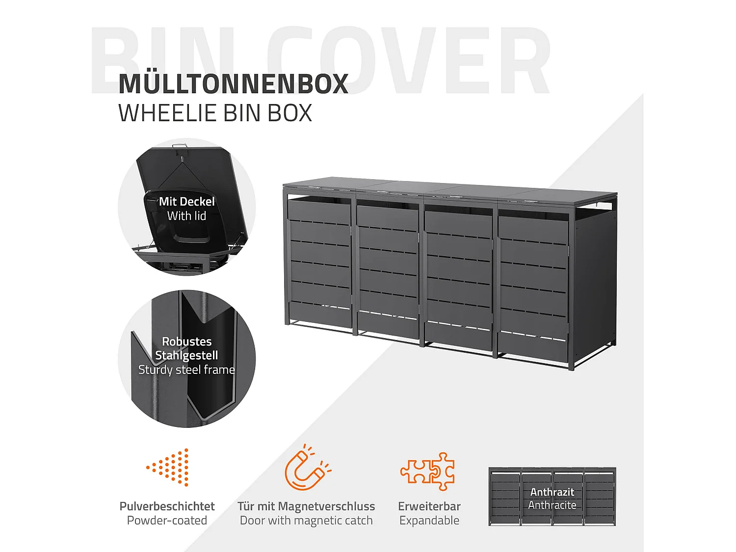 ML-Design Copribidone da spazzatura per 4 bidoni 240L 260x80x120 cm antracite cassonetto per rifiuti con coperchio deposito per bidoni da esterno