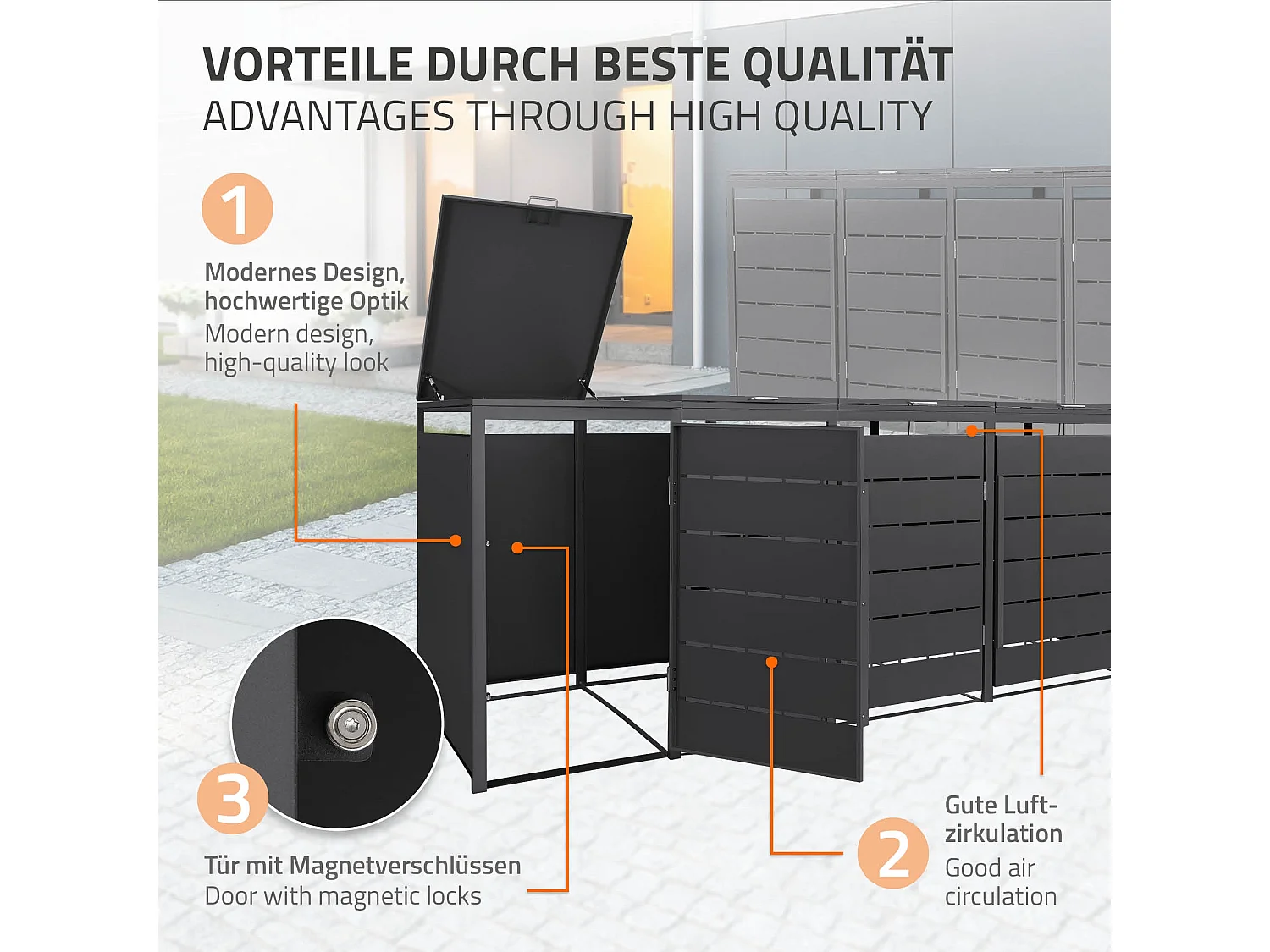 ML-Design Copribidone da spazzatura per 4 bidoni 240L 260x80x120 cm antracite cassonetto per rifiuti con coperchio deposito per bidoni da esterno